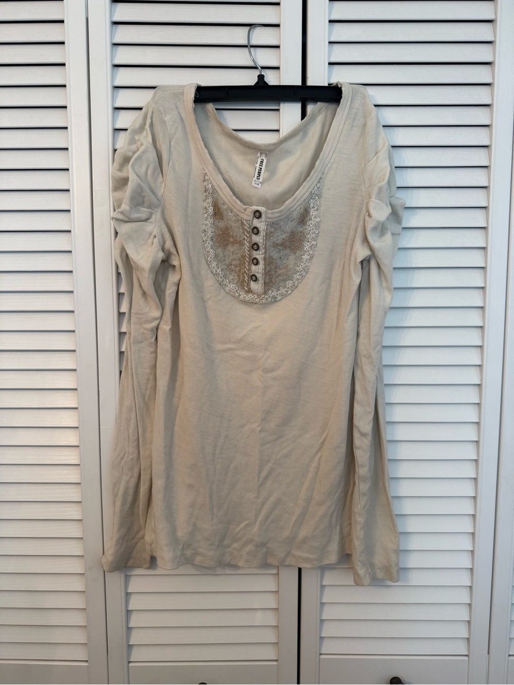 Free People Beige Puff Sleeve 100% Cotton Long Sleeve Top Size L